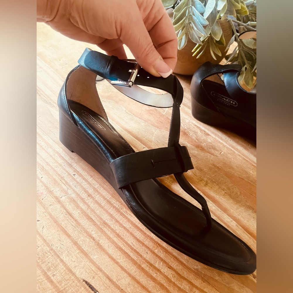 Coach Black Leather Wedge Sandals